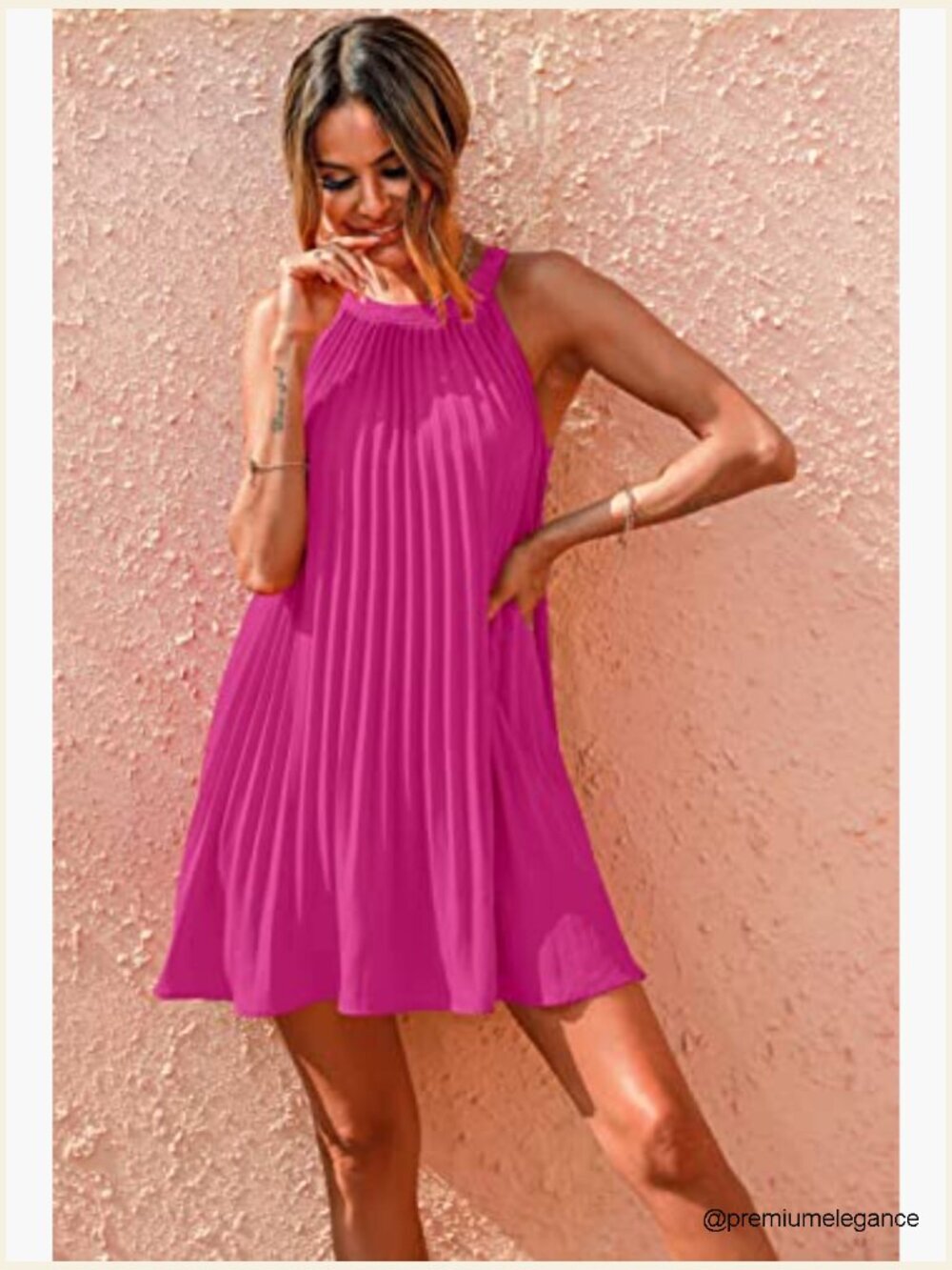 Halter Neck Mini Dress Flowy Pleated Sundress Casual Beach Wedding Guest - Picture 2 of 7